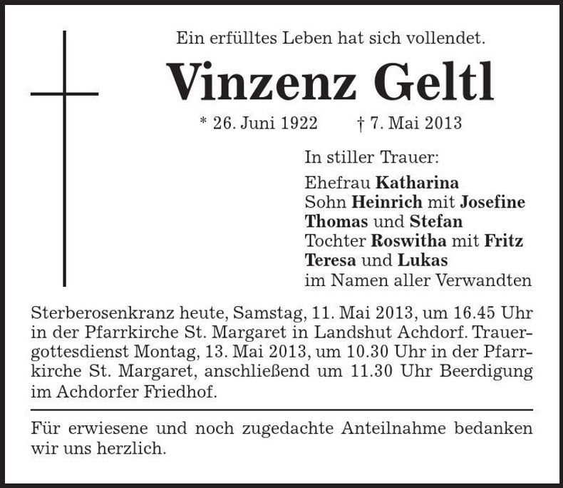 Traueranzeige Vinzenz Geltl