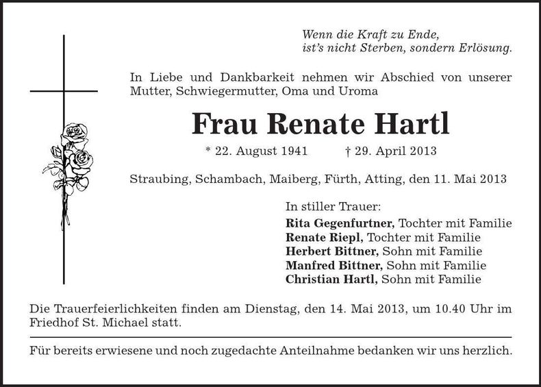 Traueranzeige Renate Hartl