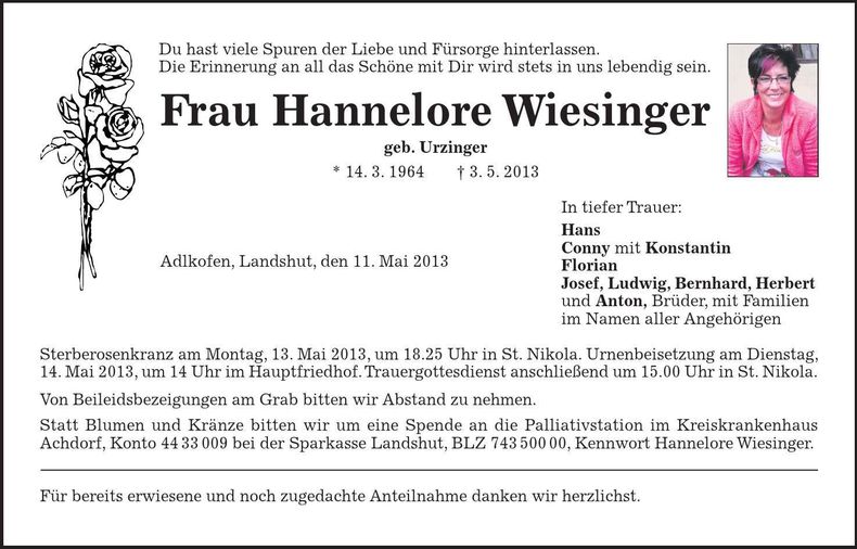 Traueranzeige Hannelore Wiesinger