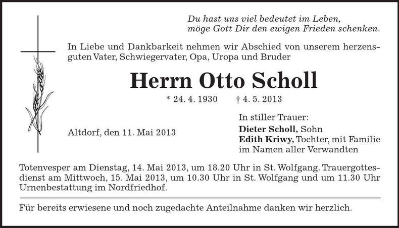 Traueranzeige Otto Scholl