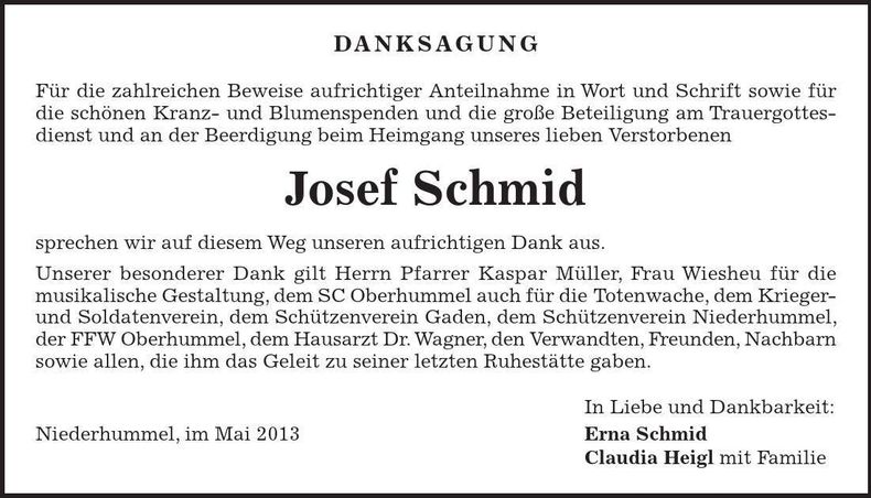 Traueranzeige Josef Schmid