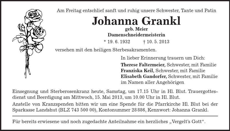 Traueranzeige Johanna Grankl