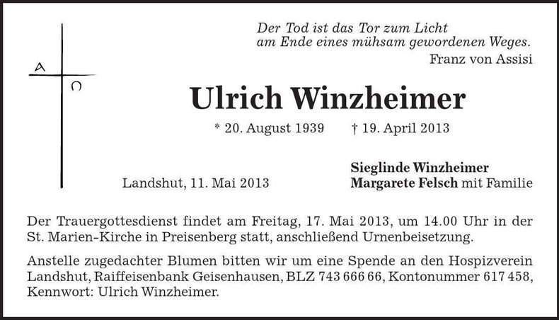 Traueranzeige Ulrich Winzheimer