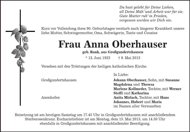 Traueranzeige Anna Oberhauser