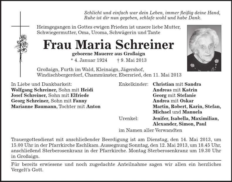 Traueranzeige Maria Schreiner