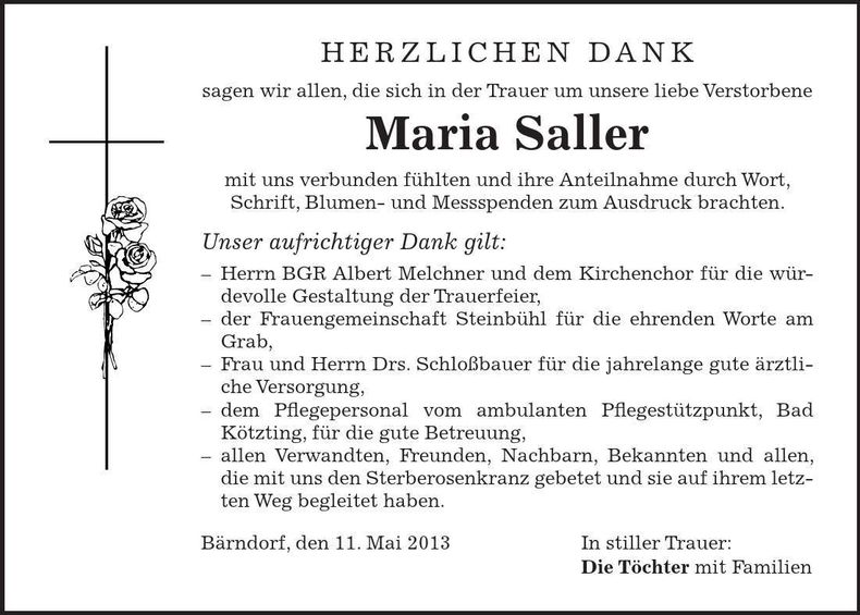 Traueranzeige Maria Saller