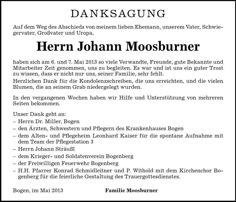 Traueranzeige Johann Moosburner