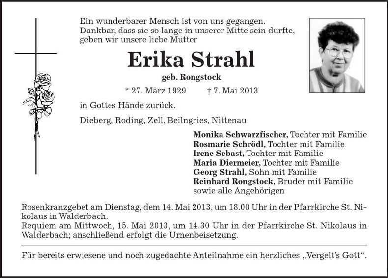Traueranzeige Erika Strahl