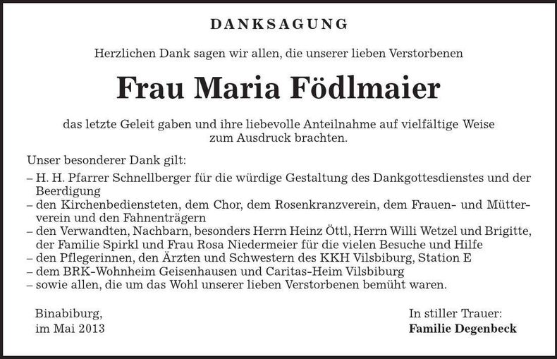 Traueranzeige Maria Födlmaier