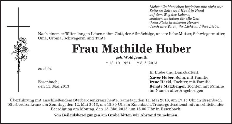 Traueranzeige Mathilde Huber