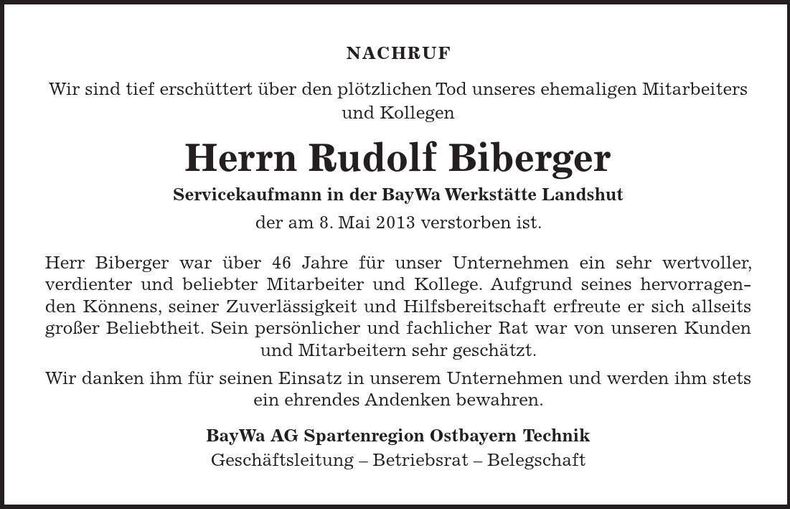Traueranzeige Rudolf Biberger