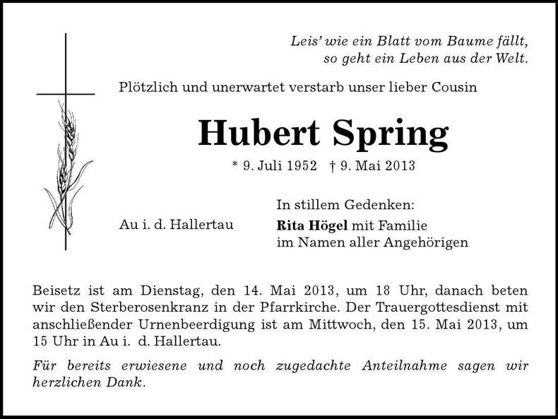Traueranzeige Hubert Spring
