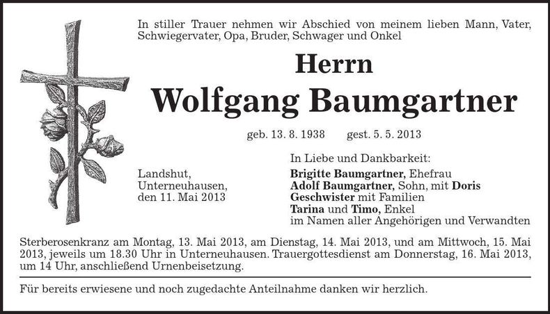 Traueranzeige Wolfgang Baumgartner