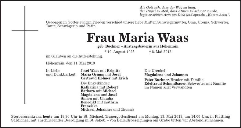 Traueranzeige Maria Waas