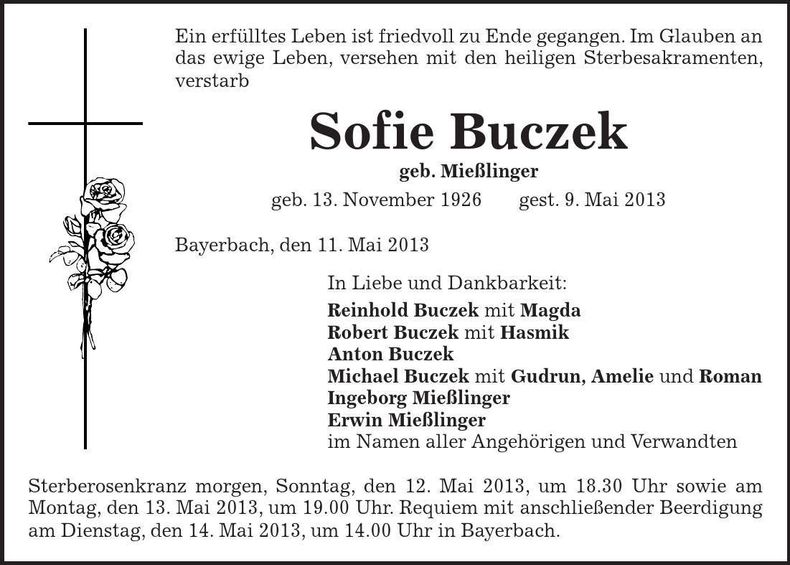 Traueranzeige Sofie Buczek