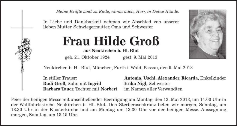 Traueranzeige Hilde Groß