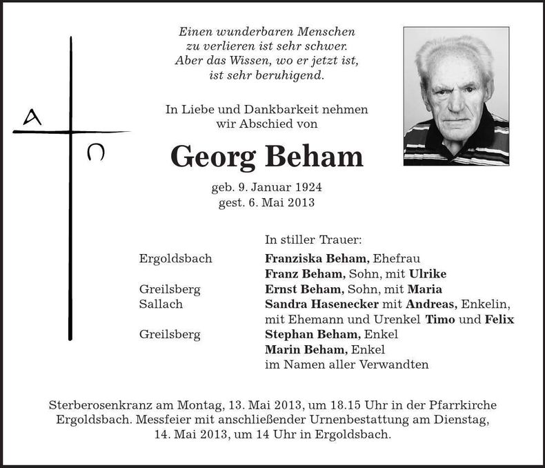 Traueranzeige Georg Beham