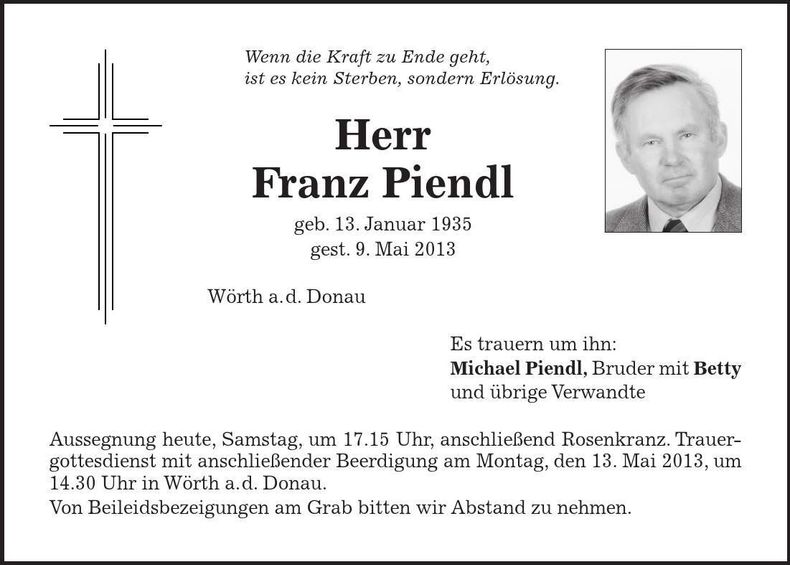 Traueranzeige Franz Piendl