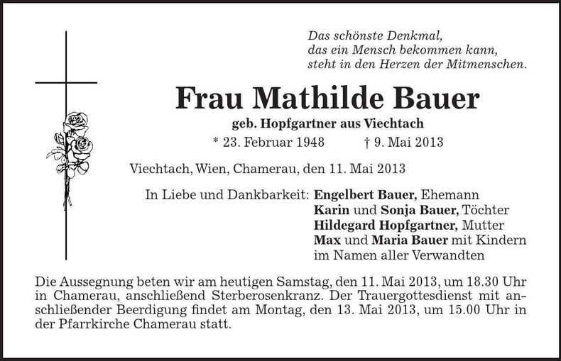 Traueranzeige Mathilde Bauer