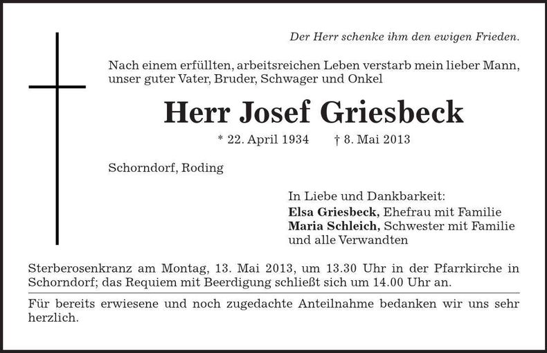 Traueranzeige Josef Griesbeck