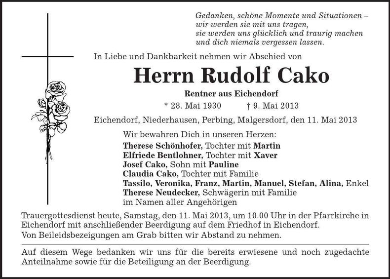 Traueranzeige Rudolf Cako