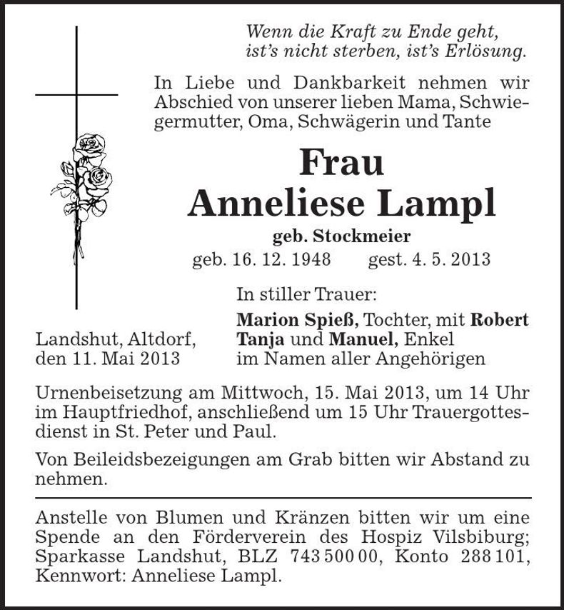 Traueranzeige Anneliese Lampl