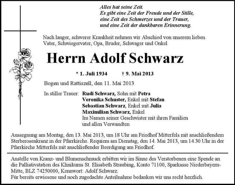 Traueranzeige Adolf Schwarz