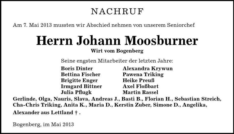 Traueranzeige Johann Moosburner