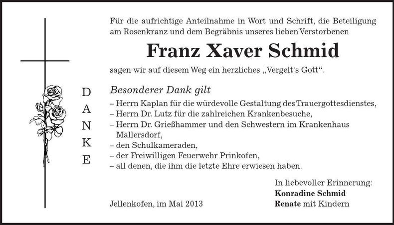 Traueranzeige Franz Xaver Schmid