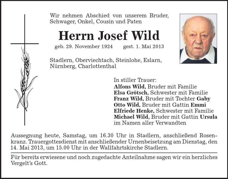 Traueranzeige Josef Wild