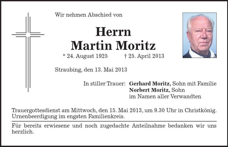 Traueranzeige Martin Moriz