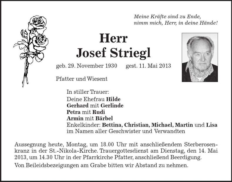Traueranzeige Josef Striegl