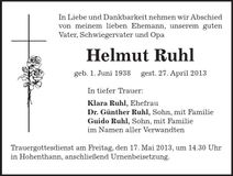 Traueranzeige Helmit Ruhl