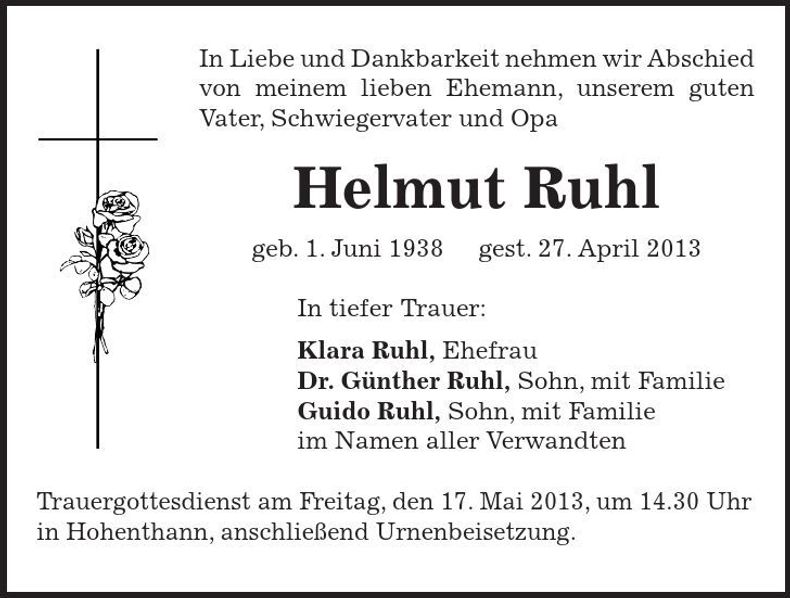 Traueranzeige Helmit Ruhl