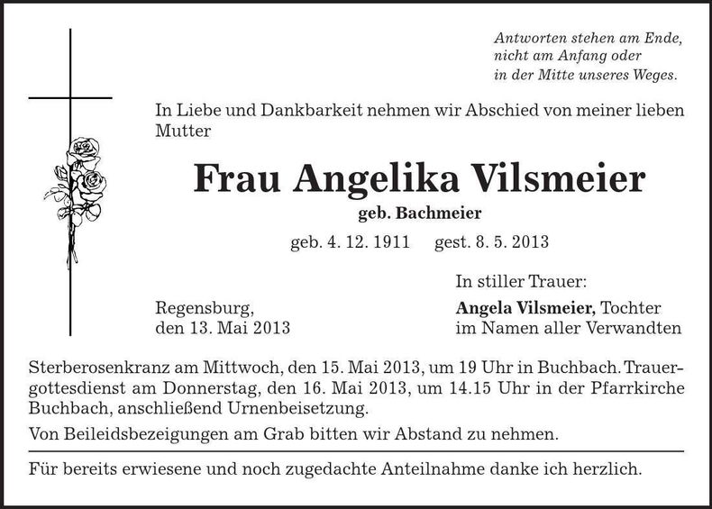 Traueranzeige Angelika Vilsmeier