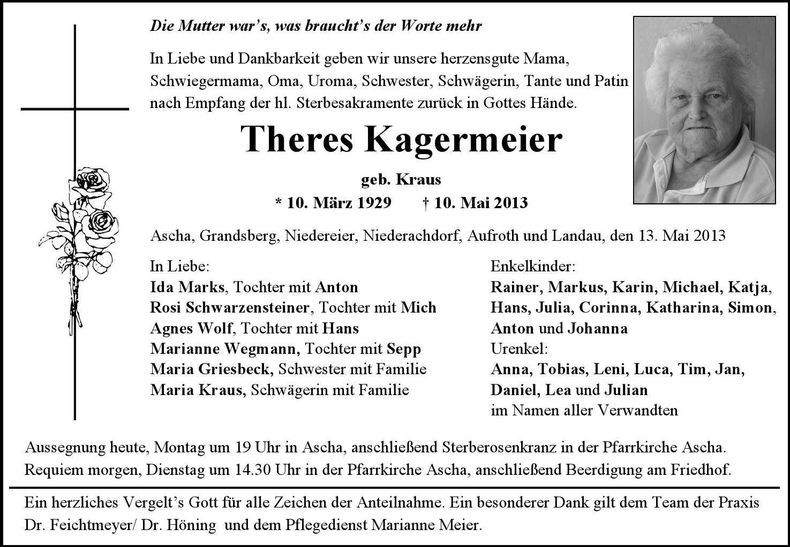 Traueranzeige Theres Kagermeier