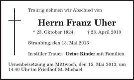 Traueranzeige Franz Uher