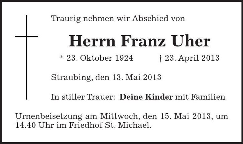 Traueranzeige Franz Uher