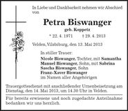 Traueranzeige Petra Biswanger