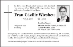 Traueranzeige Cäzilie Wiesheu