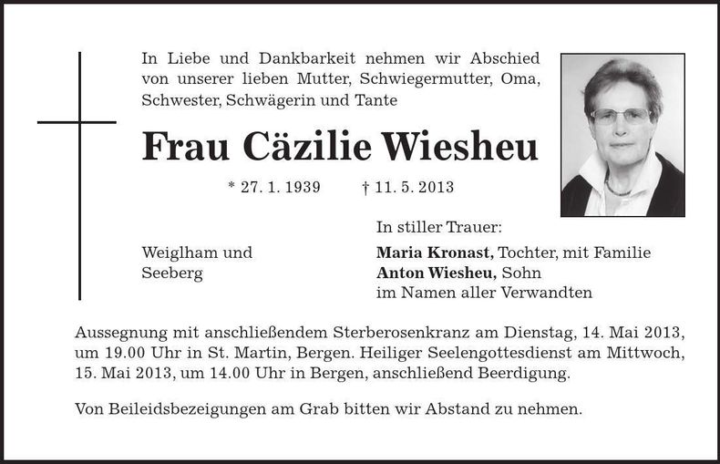 Traueranzeige Cäzilie Wiesheu
