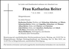 Traueranzeige Katharina Reiter