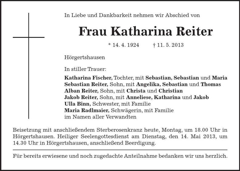 Traueranzeige Katharina Reiter