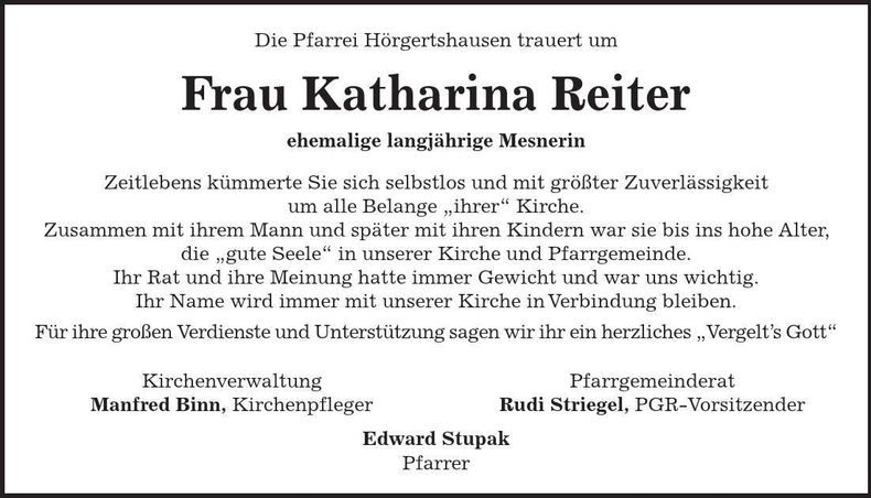 Traueranzeige Katharina Reiter