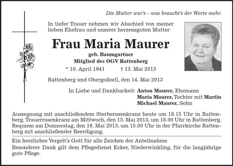 Traueranzeige Maria Maurer