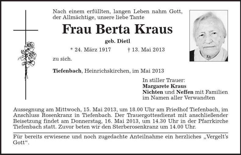 Traueranzeige Berta Kraus