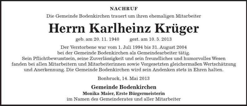 Traueranzeige Karlheinz Krüger