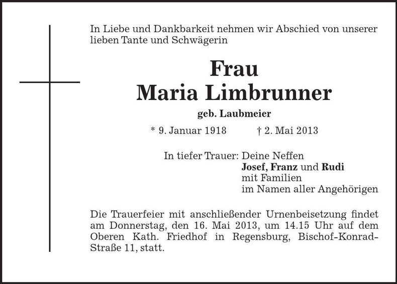 Traueranzeige Maria Limbrunner