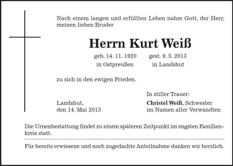 Traueranzeige Kurz Weiß