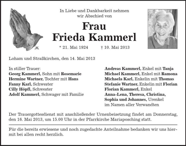 Traueranzeige Frieda Kammerl